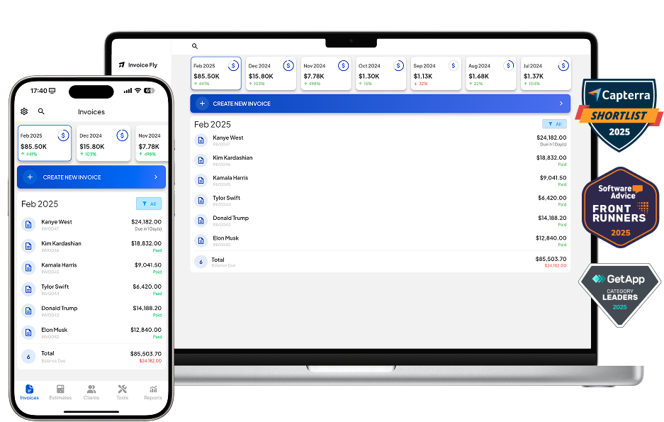 Invoice Fly footer banner with Gartner Badges (GetApp, Capterra & Software Advice)
