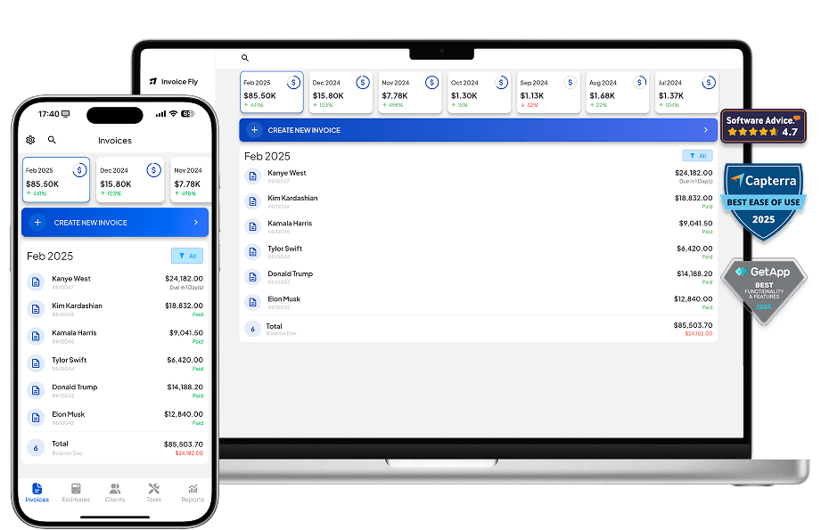 The Invoice Fly app on desktop and mobile