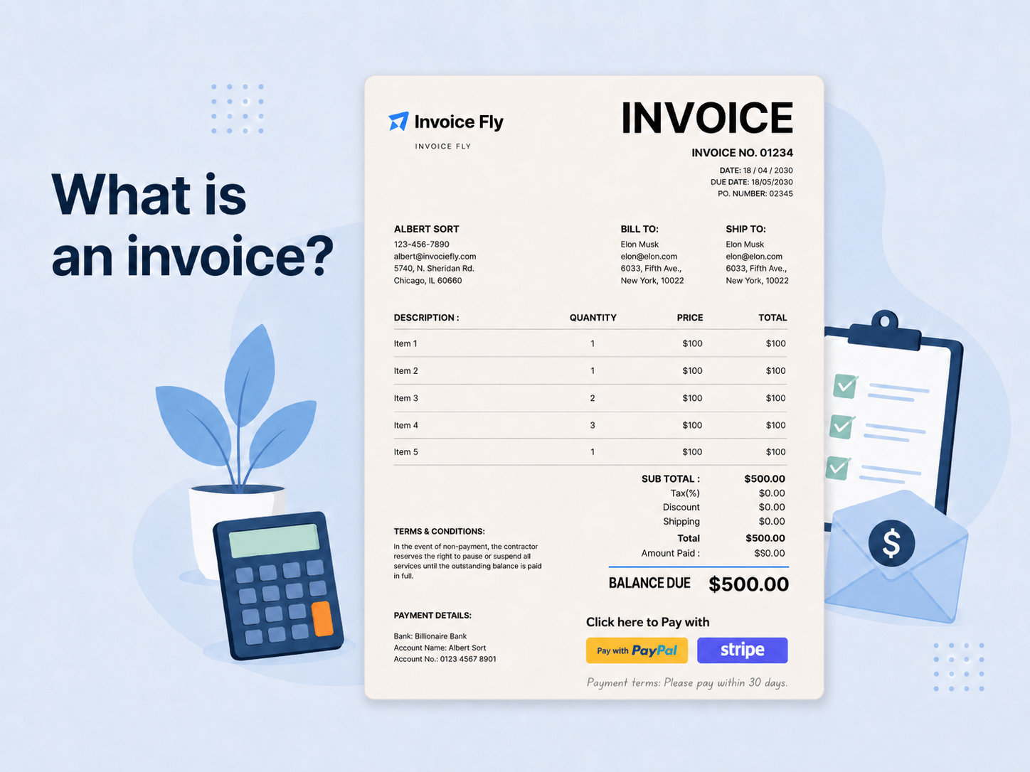 An invoice, with payment methods and invoice elements