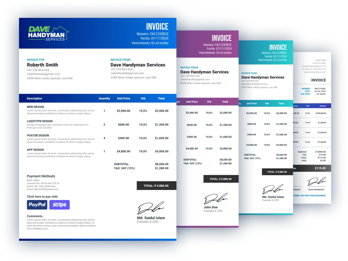 Invoice Templates, the image represents some of the our templates to create new invoices