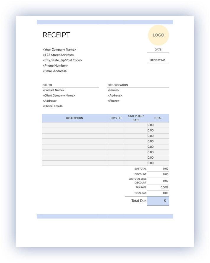 Free Contractor Receipt Templates Docs Sheets Excel PDF Styles