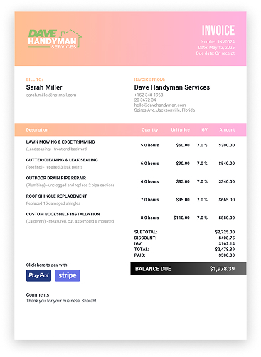 custom invoice light pink