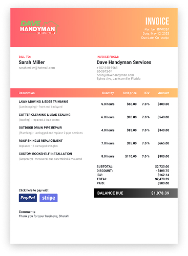 custom invoice peach