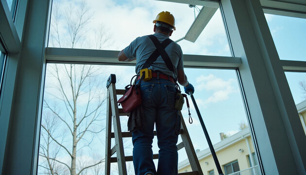 old worker using labber for window cleaning