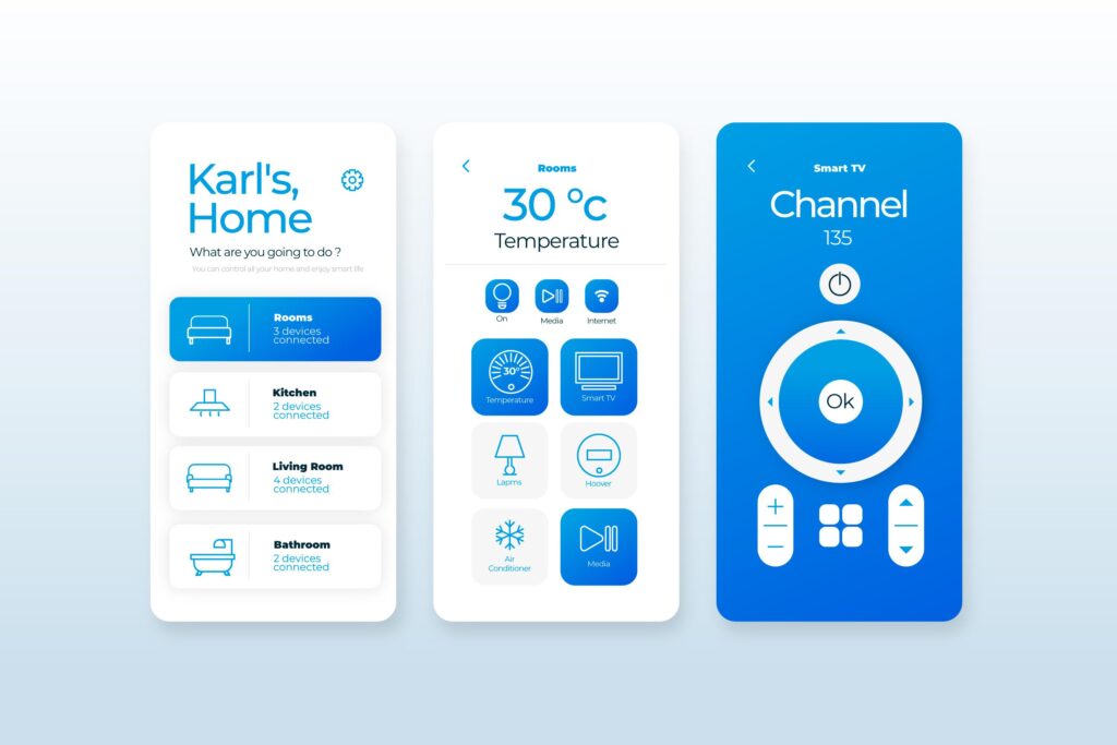 Smart home control app interface showing temperature settings, room-by-room device connections, and automation features.