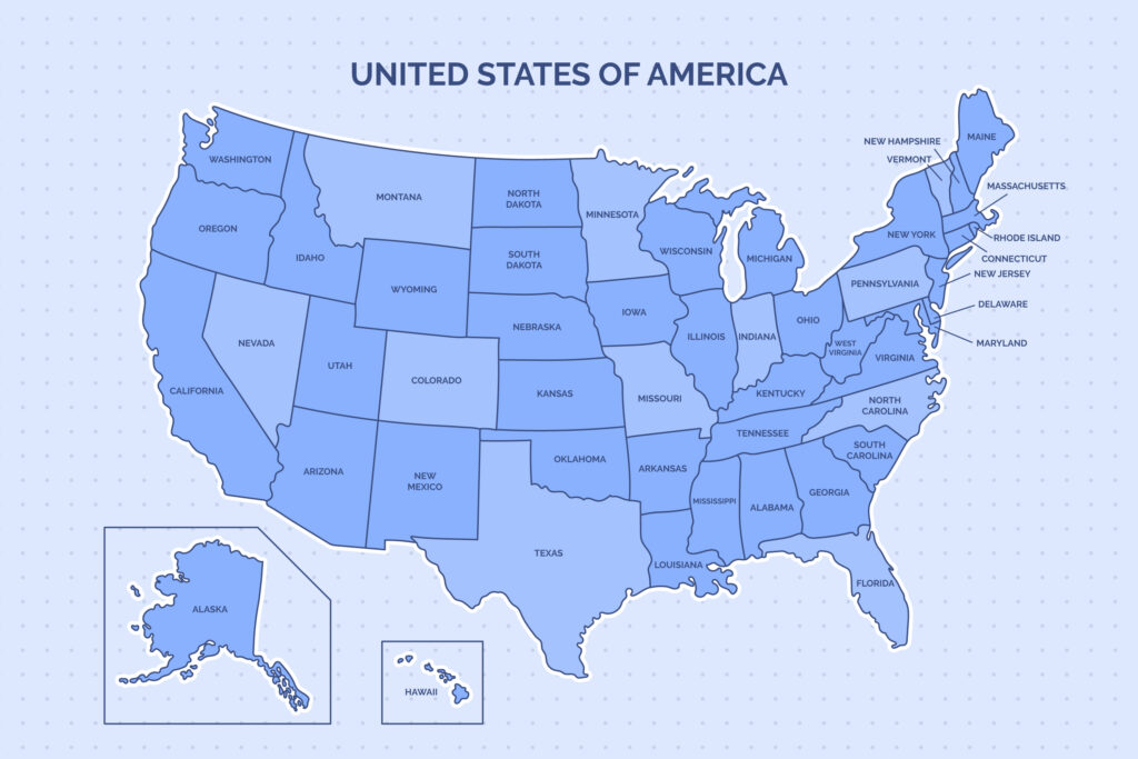 Illustrated map of the United States with colourful markers indicating different states and cities
