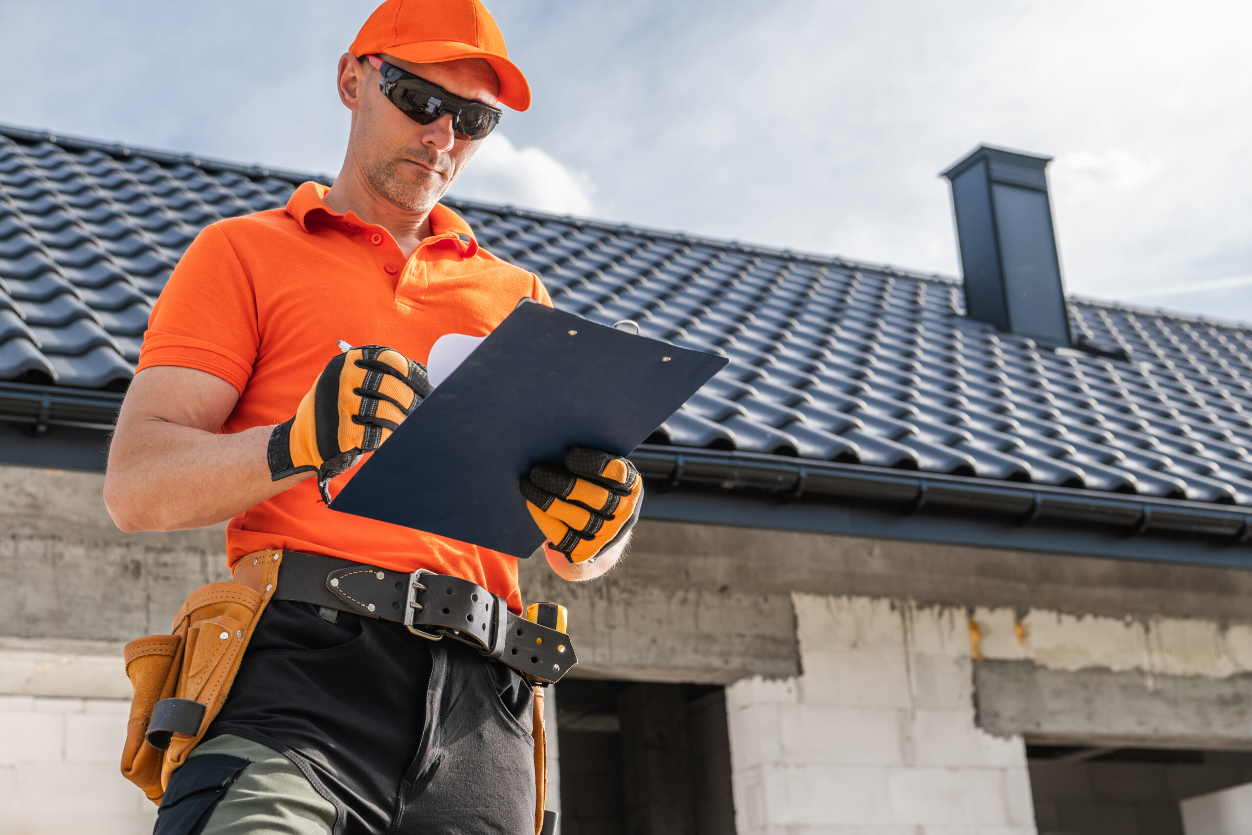 Senior roofing supervisor making a roofing work estimate for his client