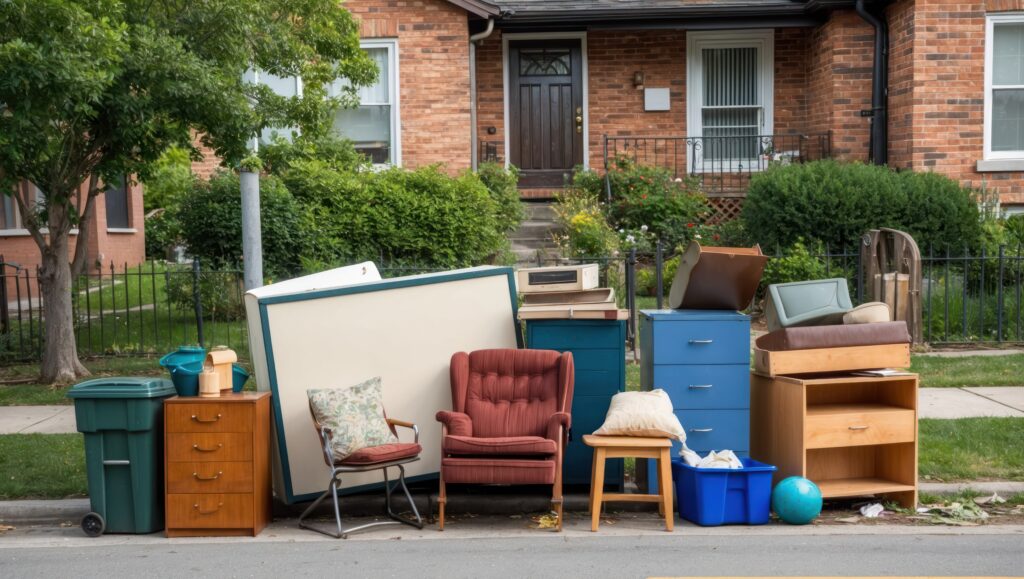 Curbside furniture disposal in a residential neighborhood, perfect for spring cleaning