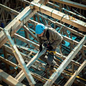 Construction worker wearing full-body harnesses and high-vis gear, tethered on a raised platform with safety lines.