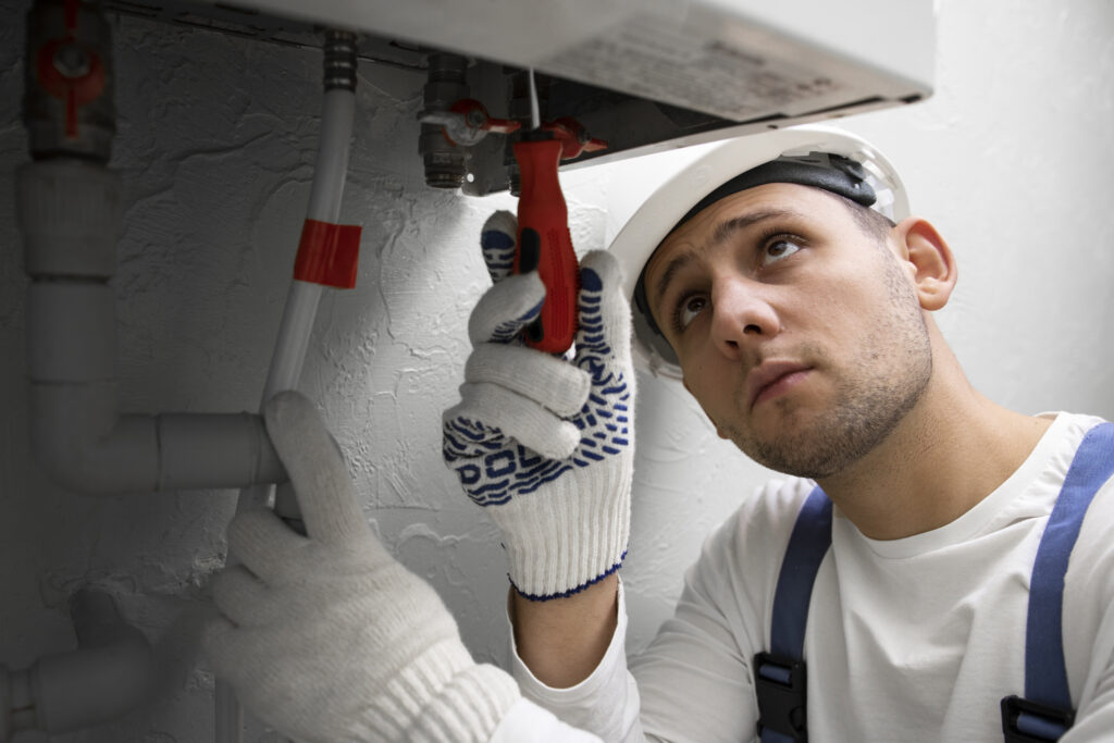 HVAC technician using a screwdriver to adjust equipment, wearing safety gloves and a helmet while inspecting indoor heating or cooling pipes