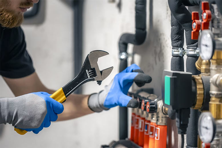 HVAC worker adjusting a heating system using an adjustable wrench and wearing protective gloves.