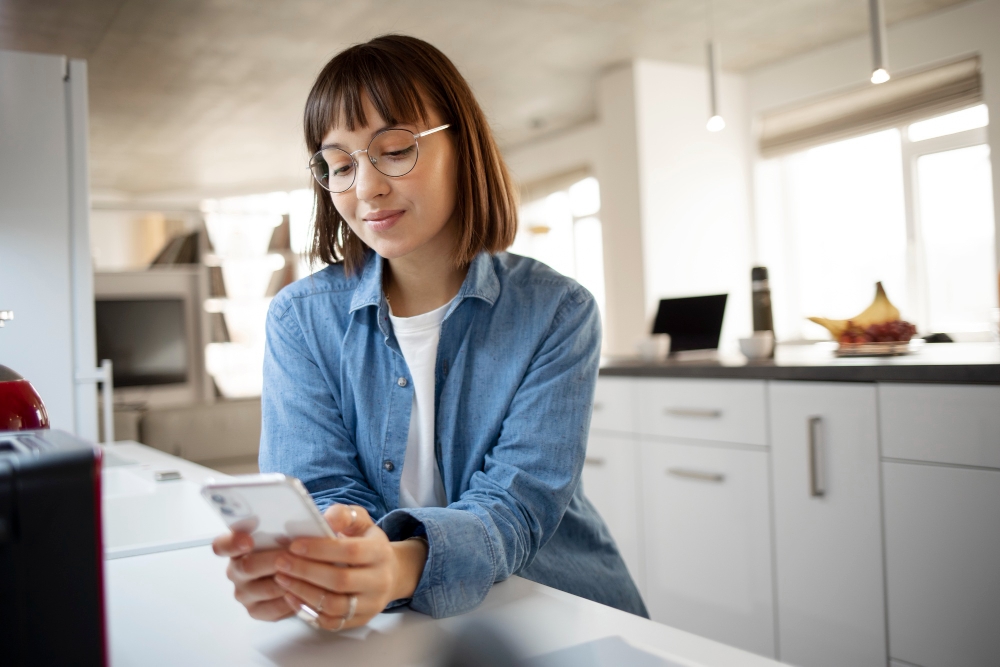 Freelancer sending automated invoices with her Smartphone.