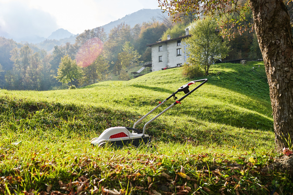 Beautiful landscape with big yard and lawn care machine in the center
