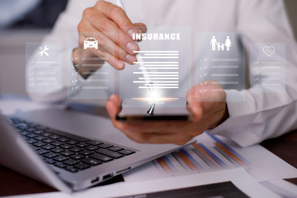 Businessman using tablet with digital insurance and contract icons representing prepaid expenses.