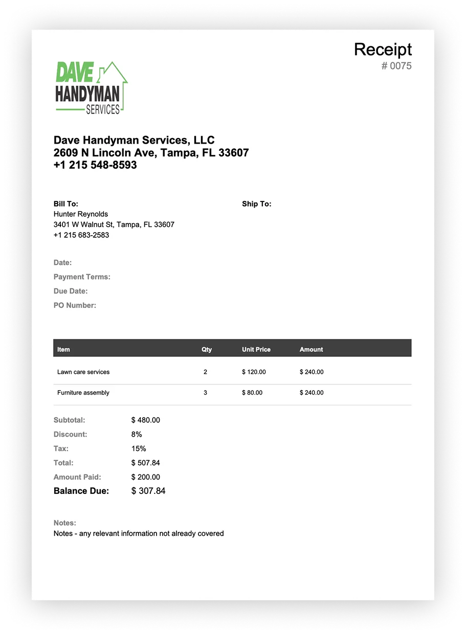 receipt generator sample