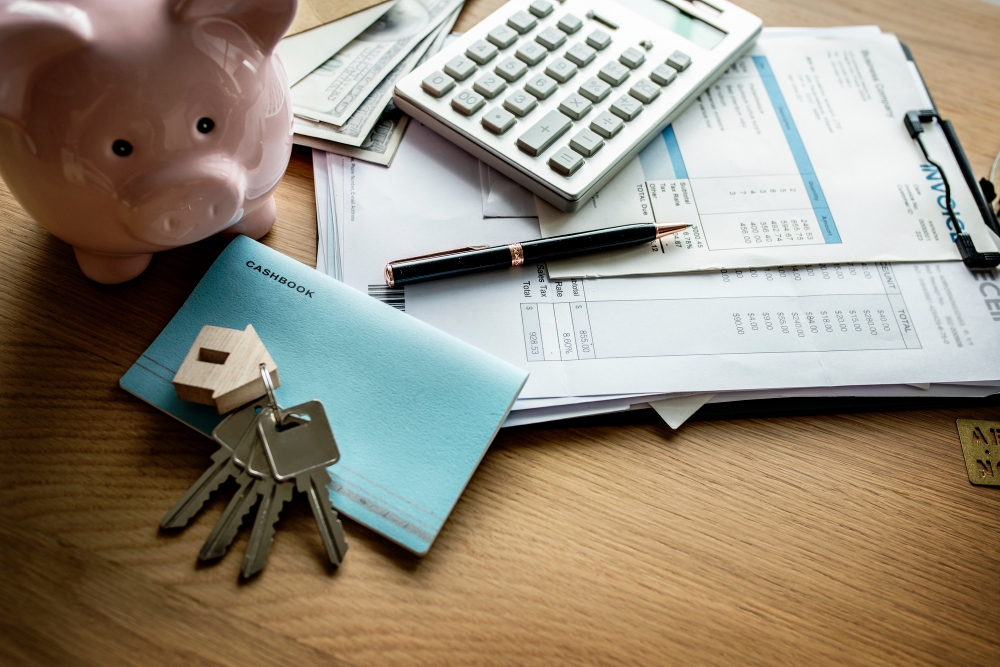 Piggy bank, cashbook, house keys, calculator and invoices representing assets and liabilities in small business finance.