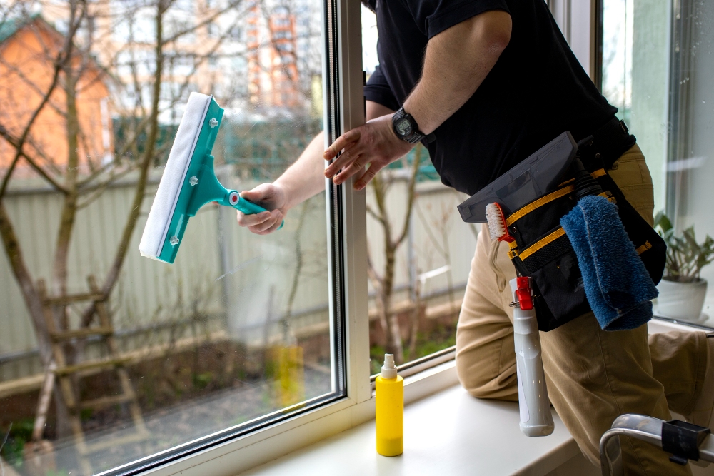Window cleaner using squeegee and spray bottle on residential windows.
