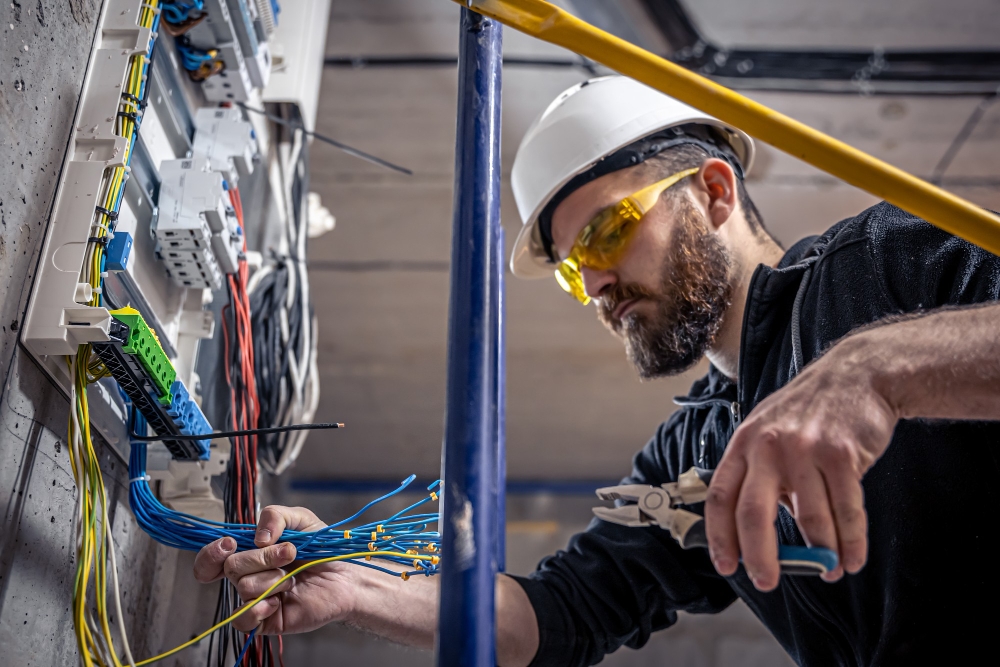 Male electrician with hard hat connecting electrical wires in a switchboard, representing contractor assets and liabilities.