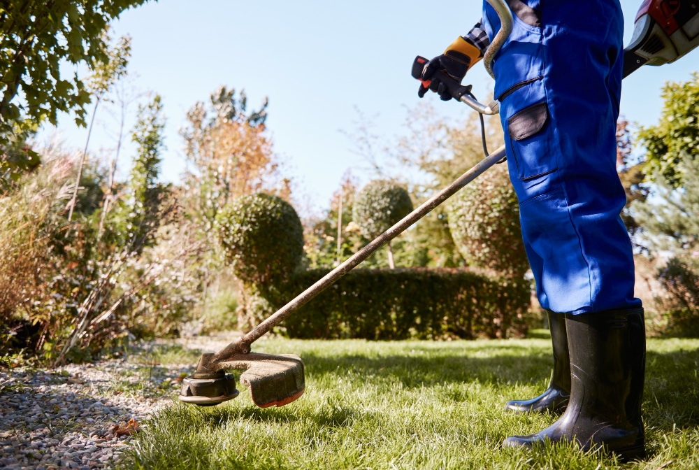 Gardener in protective gear using a weed wacker to trim grass, representing lawn care service costs and profit margins.