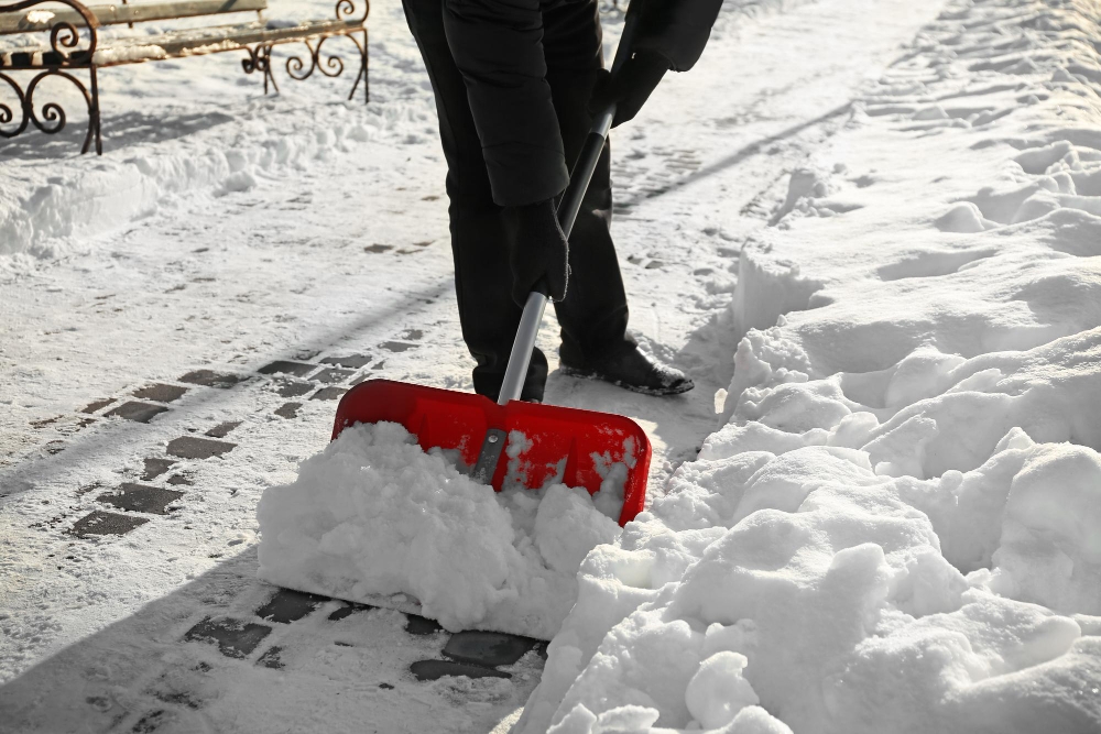 Person using a red shovel to clear snow from a residential walkway, showing typical snow removal labor costs.