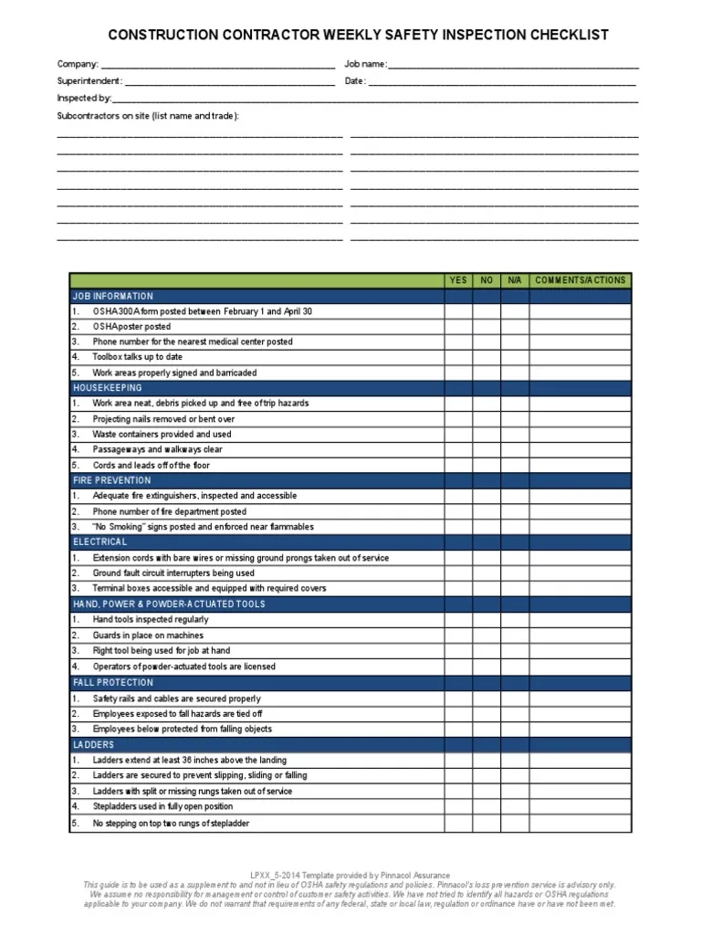 Construction site  inspection checklist