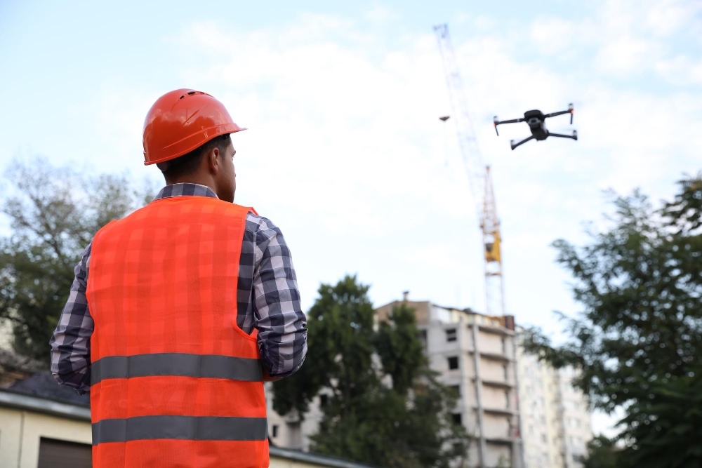 Construction worker flying drone over worksite.
