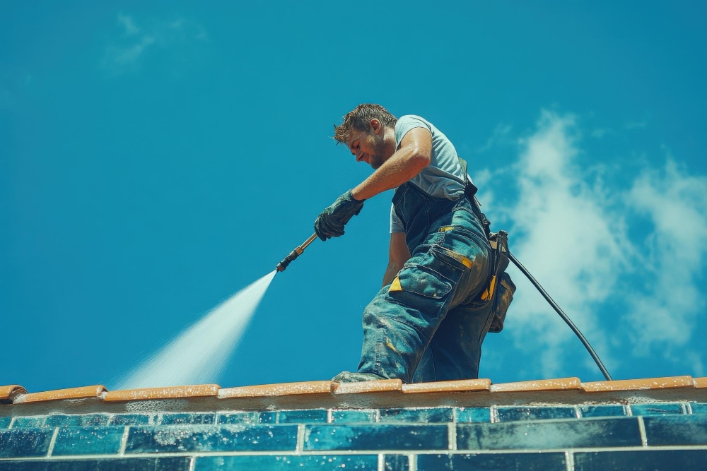 Professional cleaning roof gutters with pressure washer, representing varying state insurance requirements.
