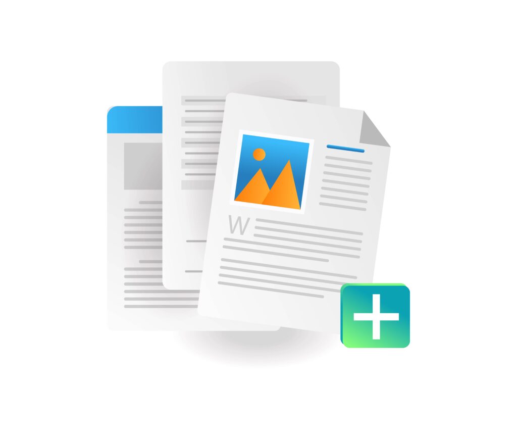 Illustration of Google Docs invoice template with document and plus sign, showing how to create new invoices.
