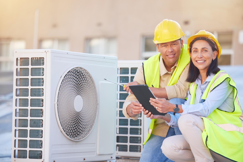 HVAC technicians smiling next to outdoor HVAC unit, symbolising customer-focused ad campaigns.