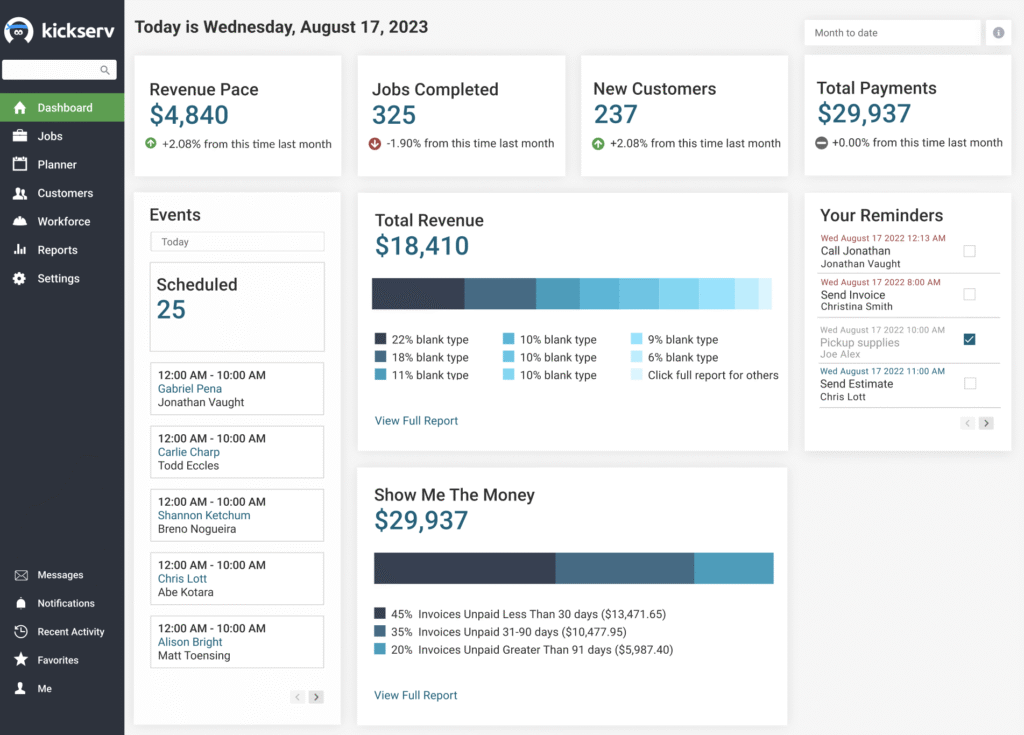 KickServ - HVAC CRM Software Dashboard