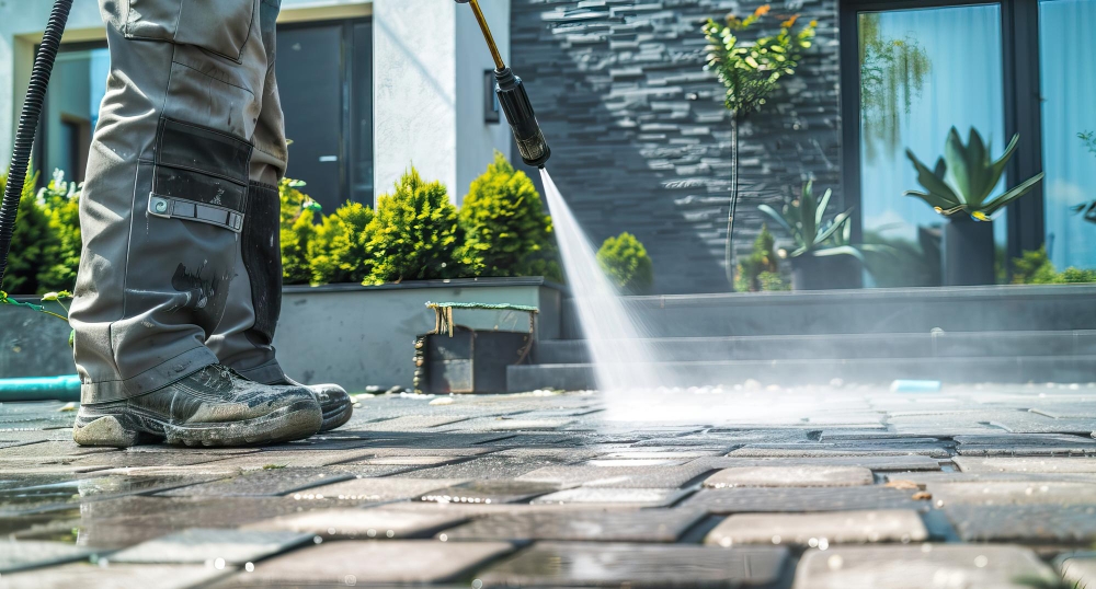 Contractor pressure washing stone driveway in protective clothing, symbolizing general liability and workers comp coverage.
