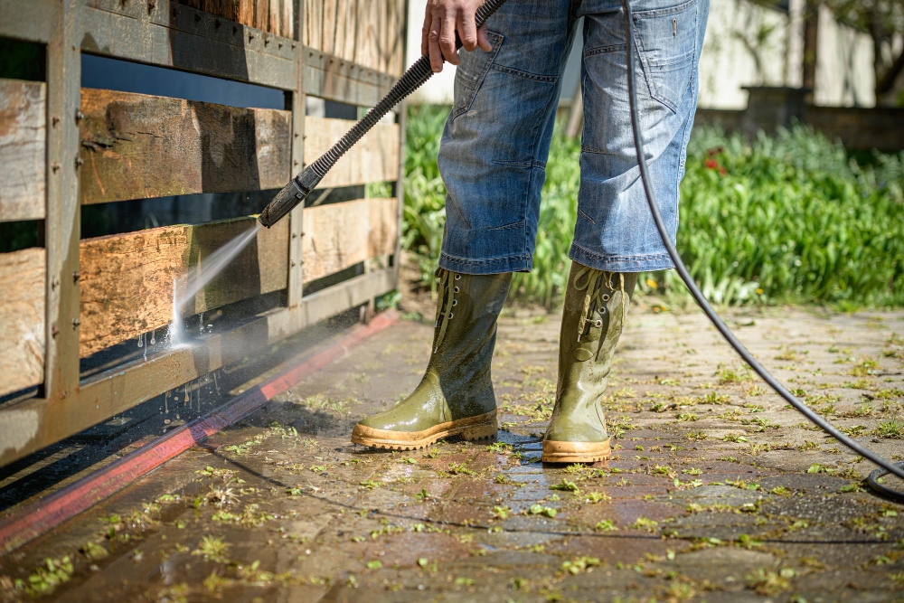 Worker pressure washing wooden fence with high-pressure spray, illustrating small business insurance needs.