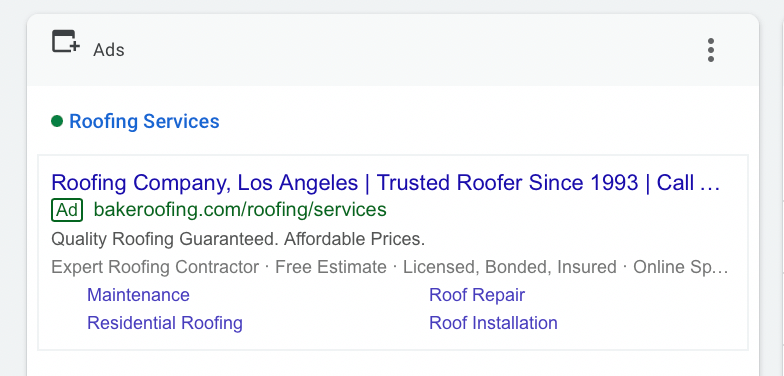 Roofing PPC and paid ads example.