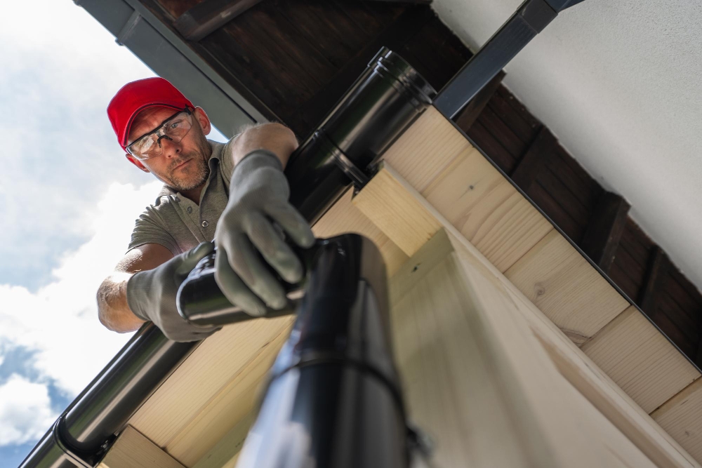 Roofing inspector checking gutters