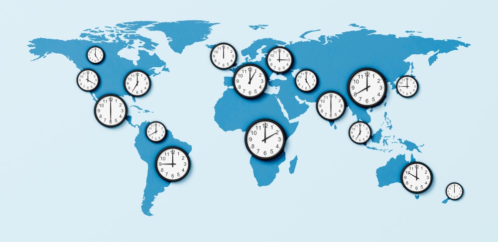 Illustrated world map highlighting differences in average annual working hours by country.