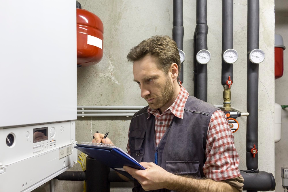 Technician in a mechanical room taking notes on a clipboard beside a boiler with gauges and pipes.