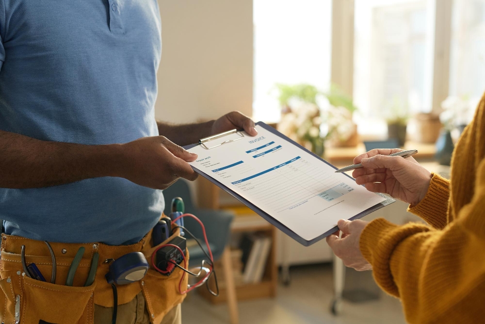 Homeowner signing a clipboard estimate/invoice handed over by an HVAC technician.