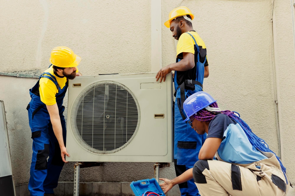 Three HVAC technicians in safety gear examining an outdoor condenser unit during a routine inspection.