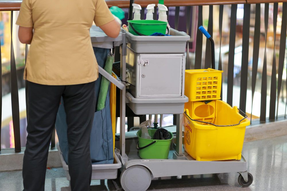 janitorial cart full of office cleaning supplies