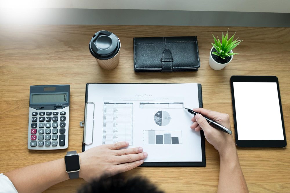 Accountant analyzing balance sheet