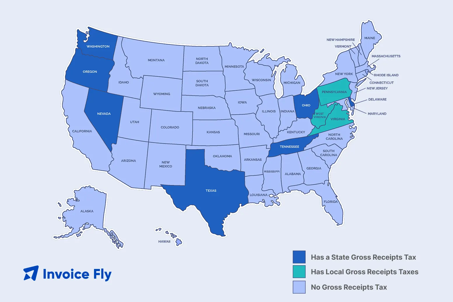US map showing states that have gross receipts tax
