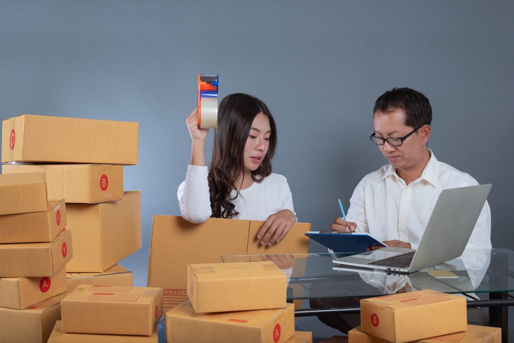 Team packing boxes for cross-border ecommerce shipping