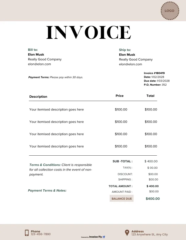 Classic Beige Brown invoice template