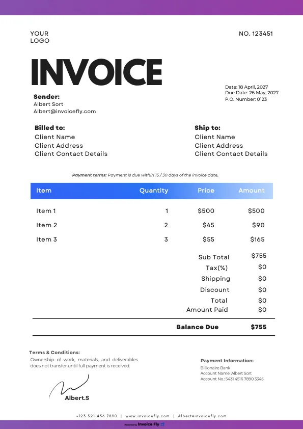 Clean Gradient Purple invoice template