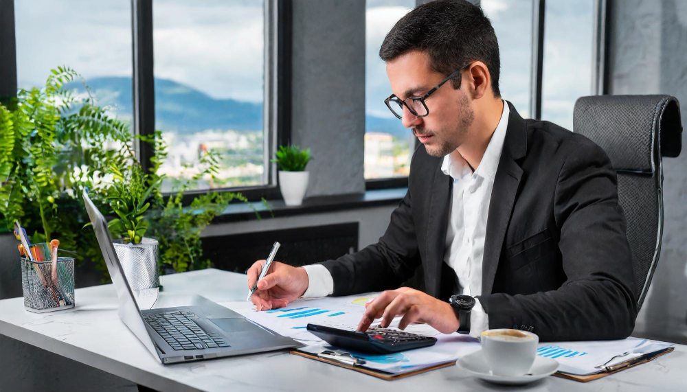 Accountant calculating invoice totals and financial reports