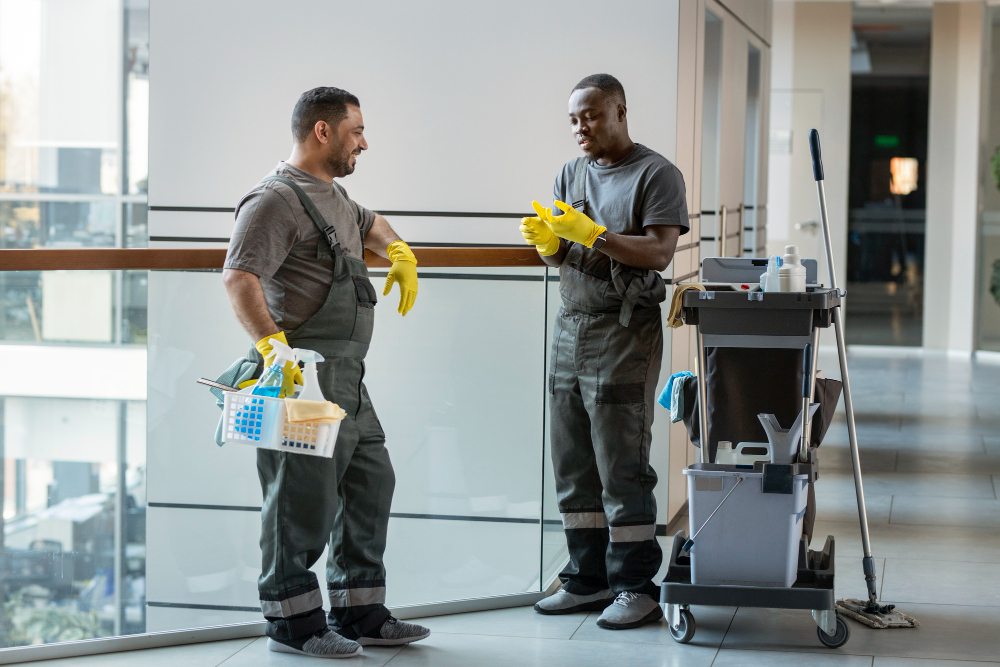 Cleaning professionals standing with equipment and supplies