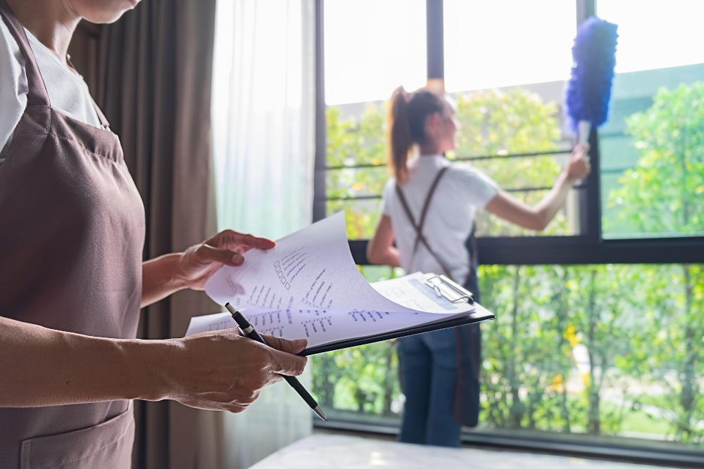 Cleaning supervisor reviewing checklist while colleague cleans window