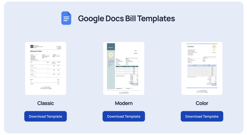 Google Docs bill template options in Invoice Fly dashboard