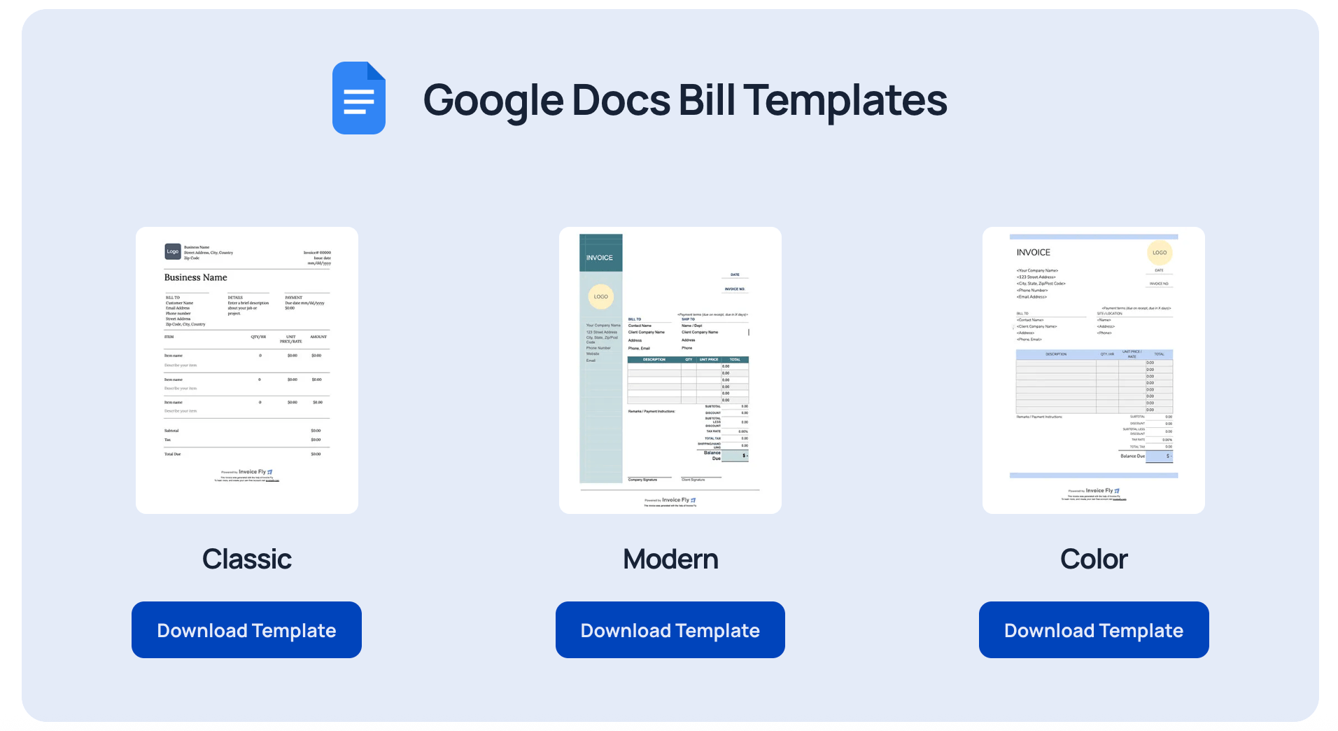 Google Docs bill template options in Invoice Fly dashboard