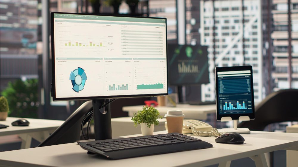 Modern office workspace representing business operations management